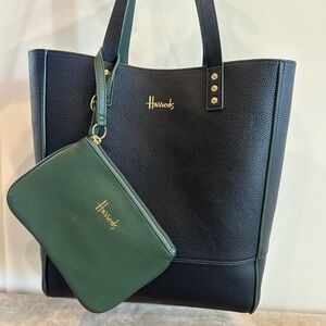 Harrods reversible Forest Green and Black Tote with Matching Pouch